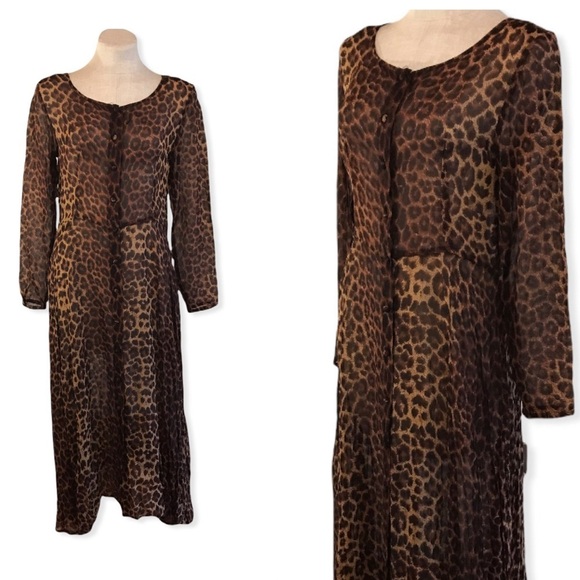 Vintage 90s Womens Maxi Dress Long Sleeve Sheer Leopard Print Brown Tan Small - Picture 1 of 9